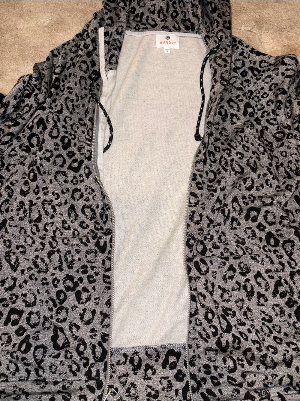 Sundry Gray and Black Leopard Zip Hoodie